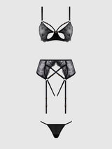 ROSALIE EMBROIDERED LACE OPEN-CUP BRA, GARTER & G-STRING SET