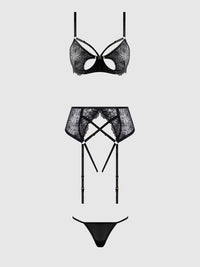 ROSALIE EMBROIDERED LACE OPEN-CUP BRA, GARTER & G-STRING SET