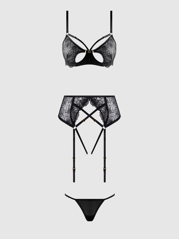 ROSALIE EMBROIDERED LACE OPEN-CUP BRA, GARTER & G-STRING SET