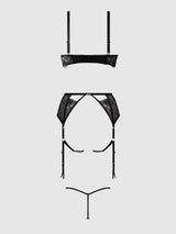 ROSALIE EMBROIDERED LACE OPEN-CUP BRA, GARTER & G-STRING SET