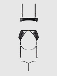 ROSALIE EMBROIDERED LACE OPEN-CUP BRA, GARTER & G-STRING SET