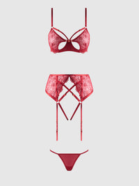 ROSALIE EMBROIDERED LACE OPEN-CUP BRA, GARTER & G-STRING SET
