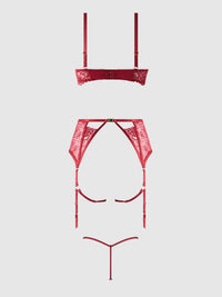 ROSALIE EMBROIDERED LACE OPEN-CUP BRA, GARTER & G-STRING SET