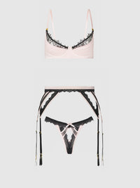 JOCELYN SATIN & LACE PUSH UP BRA, GARTER, & TANGA SET