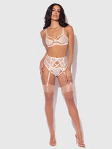 ROSALIE EMBROIDERED LACE OPEN-CUP BRA, GARTER & G-STRING SET