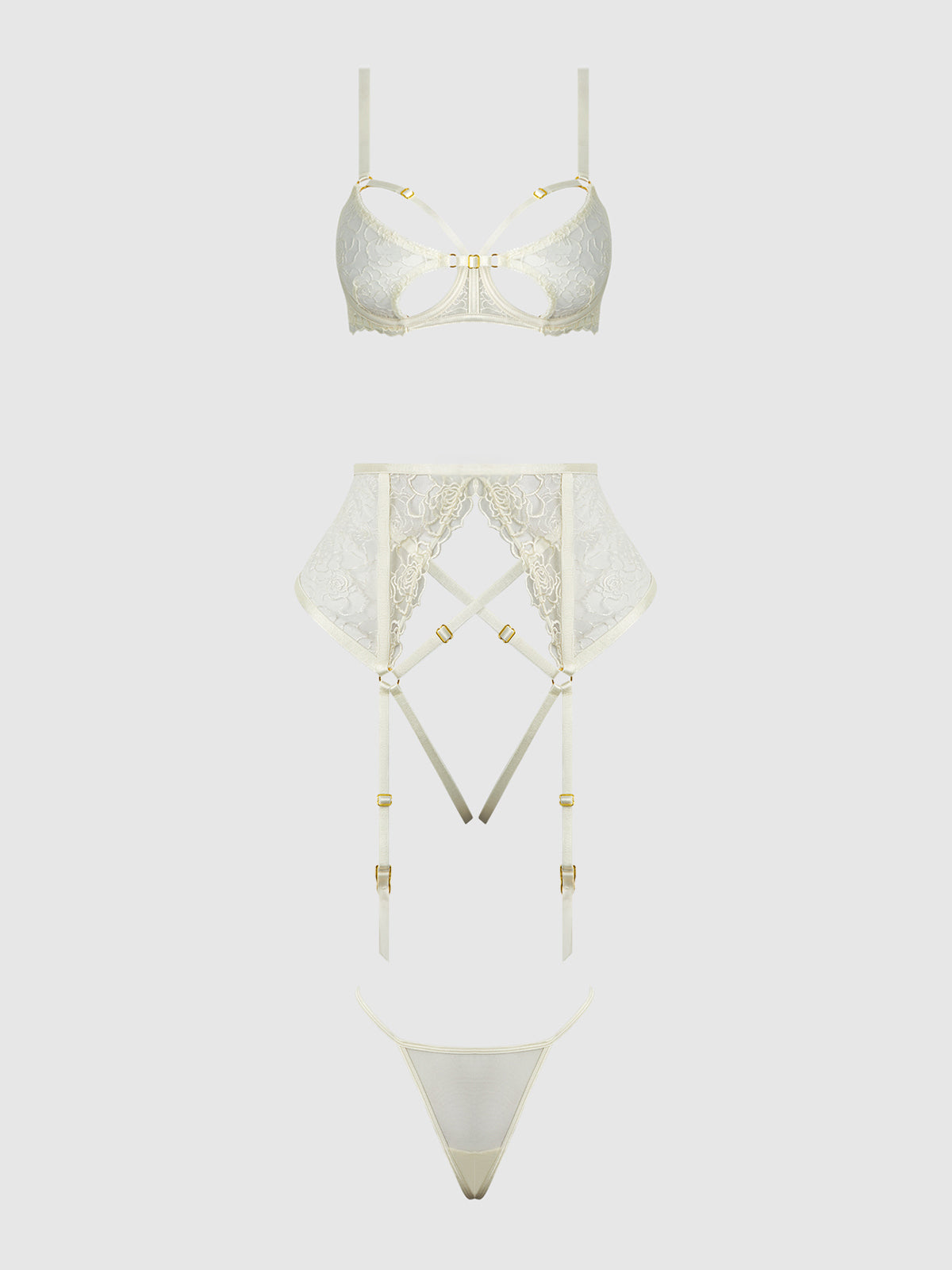 ROSALIE EMBROIDERED LACE OPEN-CUP BRA, GARTER & G-STRING SET