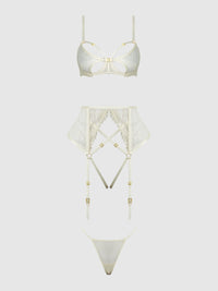 ROSALIE EMBROIDERED LACE OPEN-CUP BRA, GARTER & G-STRING SET