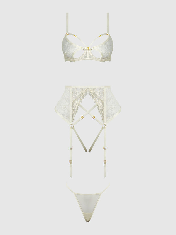 ROSALIE EMBROIDERED LACE OPEN-CUP BRA, GARTER & G-STRING SET
