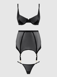 RAQUEL MESH & SILKY MICRO BRA, GARTER SKIRT & G-STRING SET