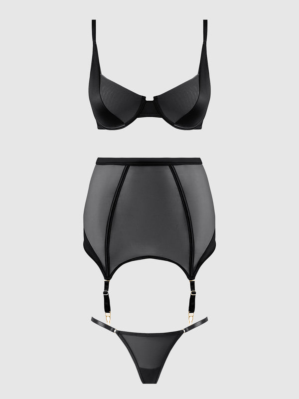 RAQUEL MESH & SILKY MICRO BRA, GARTER SKIRT & G-STRING SET