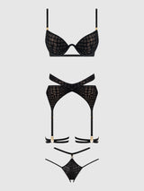 SNAKE VELVET-BURNOUT MESH BRA, GARTER, & BACKESS HIPSTER SET