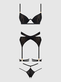 SNAKE VELVET-BURNOUT MESH BRA, GARTER, & BACKESS HIPSTER SET