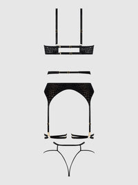 SNAKE VELVET-BURNOUT MESH BRA, GARTER, & BACKESS HIPSTER SET