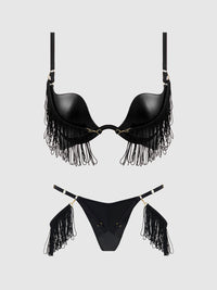PHOENIX FAUX LEATHER & FRINGE PUSH UP BRA & THONG SET