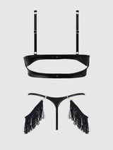 PHOENIX FAUX LEATHER & FRINGE PUSH UP BRA & THONG SET