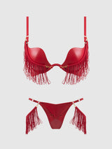 PHOENIX FAUX LEATHER & FRINGE PUSH UP BRA & THONG SET