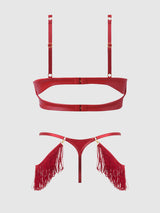 PHOENIX FAUX LEATHER & FRINGE PUSH UP BRA & THONG SET