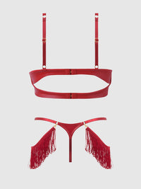 PHOENIX FAUX LEATHER & FRINGE PUSH UP BRA & THONG SET
