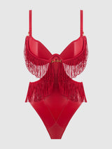 PHOENIX FAUX LEATHER & FRINGE CROTCHLESS TEDDY