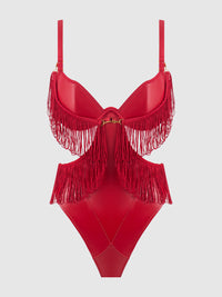 PHOENIX FAUX LEATHER & FRINGE CROTCHLESS TEDDY