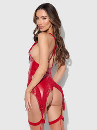 PHOENIX FAUX LEATHER & FRINGE CHEMISE & G-STRING SET