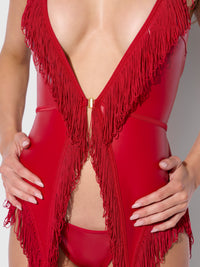 PHOENIX FAUX LEATHER & FRINGE CHEMISE & G-STRING SET
