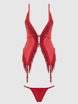 PHOENIX FAUX LEATHER & FRINGE CHEMISE & G-STRING SET