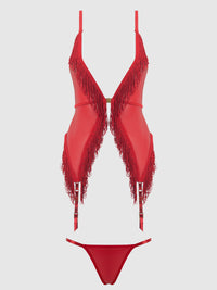 PHOENIX FAUX LEATHER & FRINGE CHEMISE & G-STRING SET