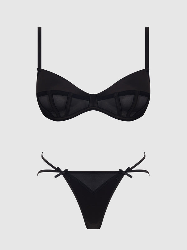 BRIGETA SATIN & MESH CORSETTED BRA & OPEN BACK HIPSTER SET