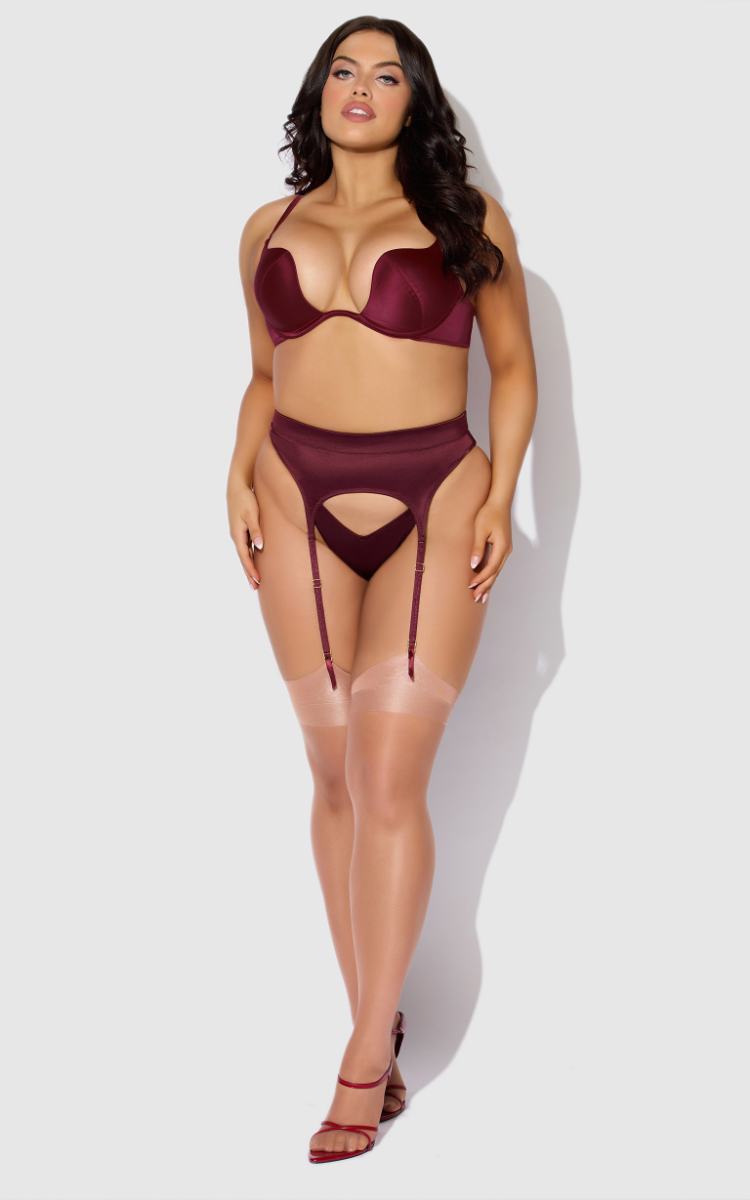 BRIGETA SATIN DEEP PLUNGE PUSH UP BRA, GARTER & THONG SET