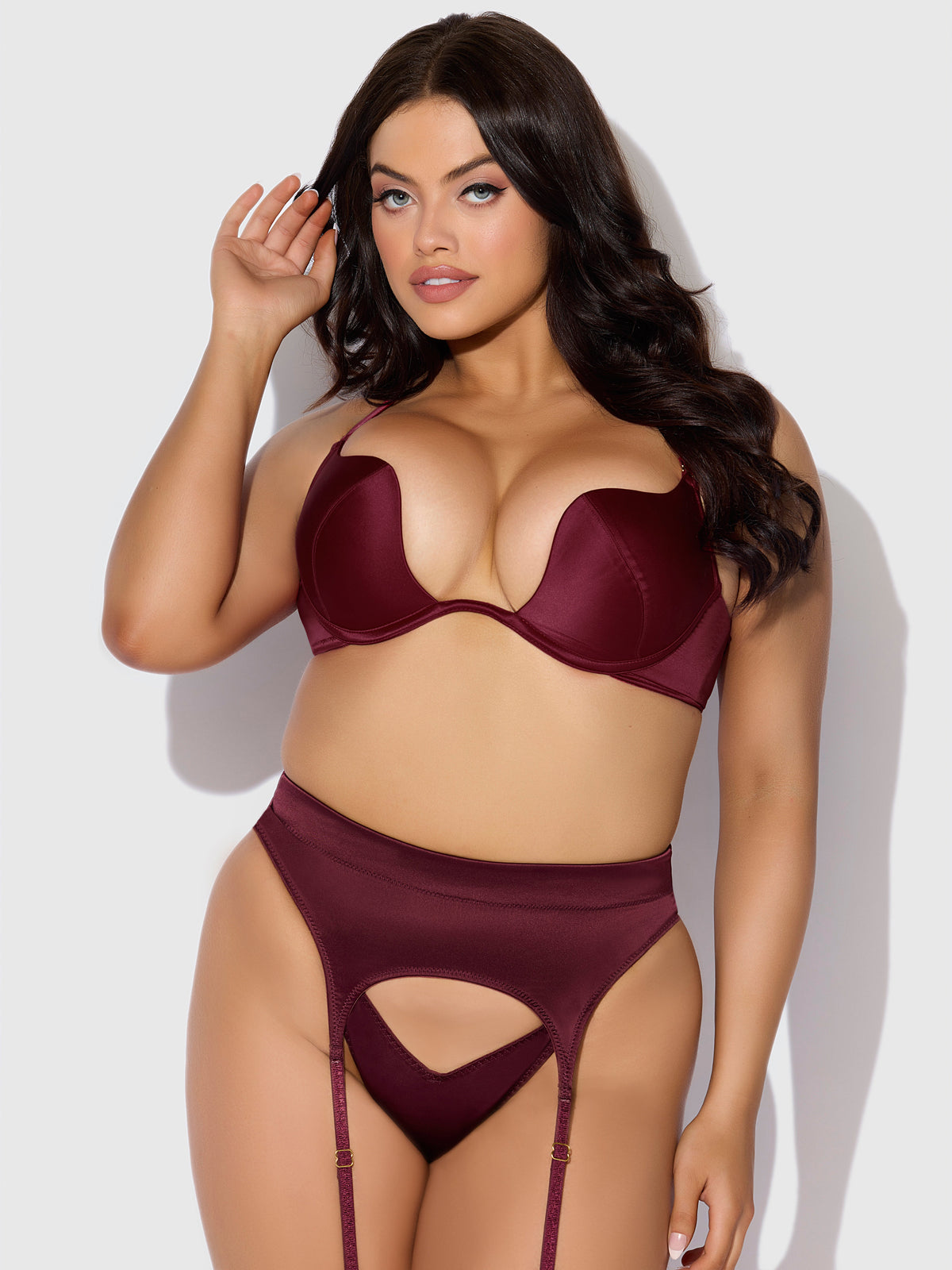 BRIGETA SATIN DEEP PLUNGE PUSH UP BRA, GARTER & THONG SET