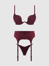 BRIGETA SATIN DEEP PLUNGE PUSH UP BRA, GARTER & THONG SET