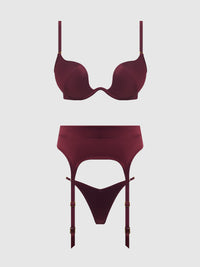 BRIGETA SATIN DEEP PLUNGE PUSH UP BRA, GARTER & THONG SET