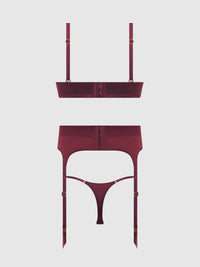 BRIGETA SATIN DEEP PLUNGE PUSH UP BRA, GARTER & THONG SET