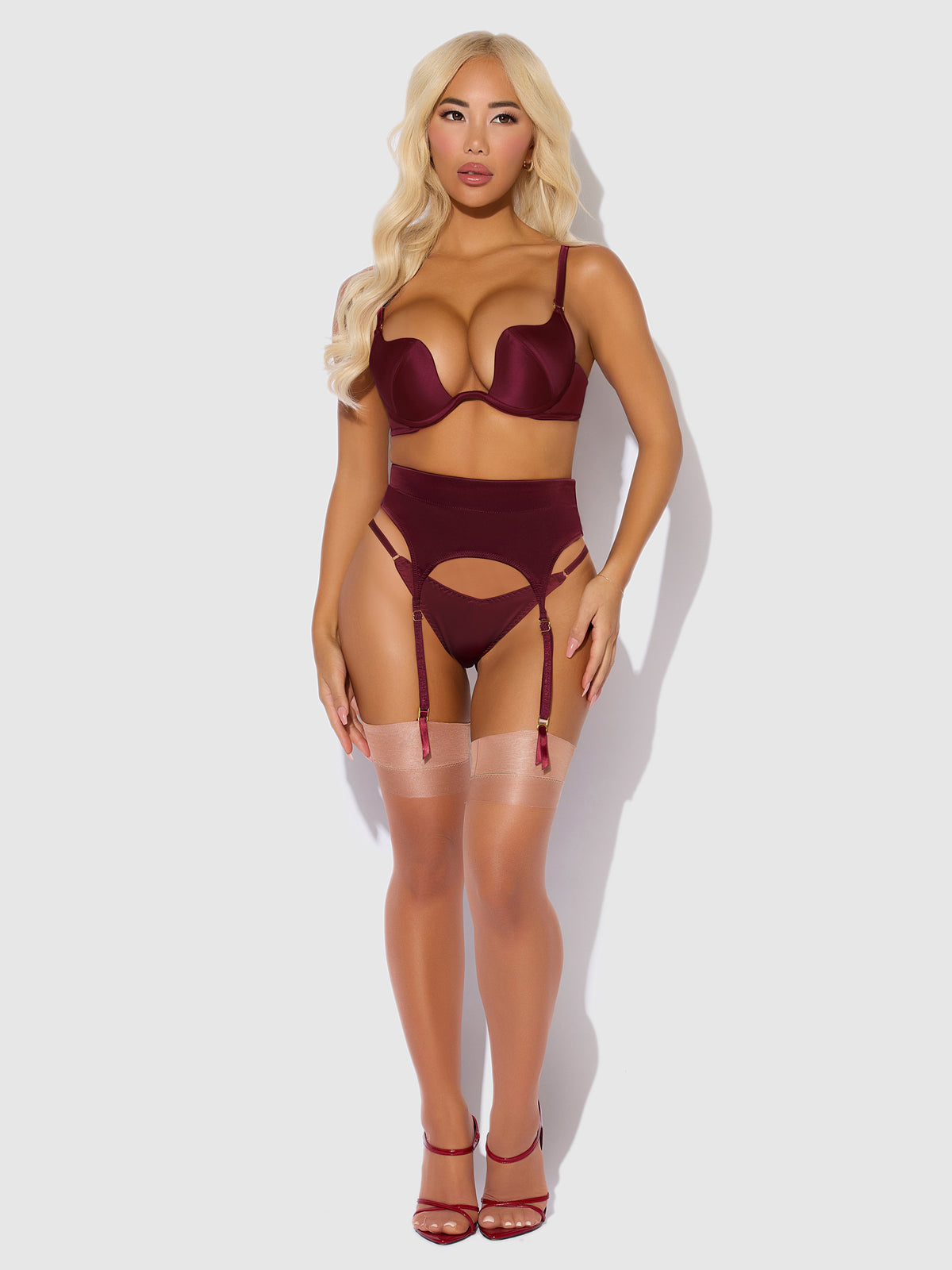 BRIGETA SATIN DEEP PLUNGE PUSH UP BRA, GARTER & THONG SET