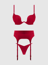 BRIGETA SATIN DEEP PLUNGE PUSH UP BRA, GARTER & THONG SET