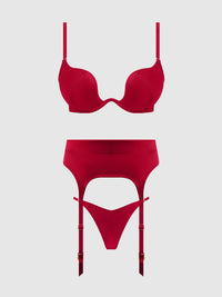 BRIGETA SATIN DEEP PLUNGE PUSH UP BRA, GARTER & THONG SET