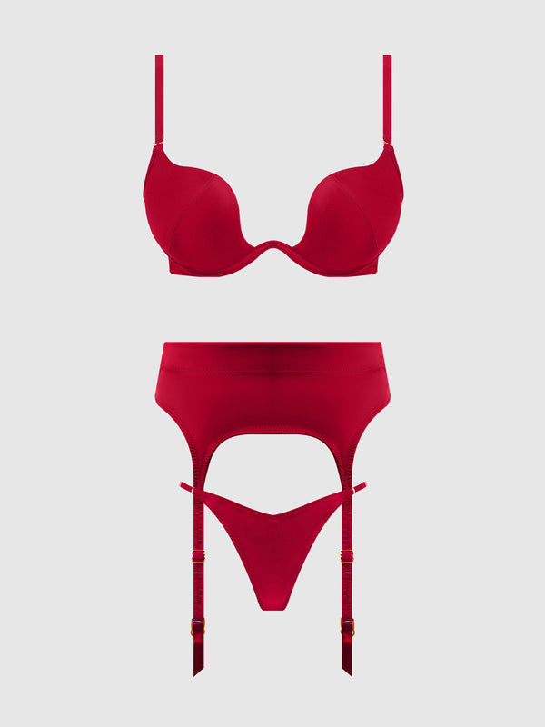 BRIGETA SATIN DEEP PLUNGE PUSH UP BRA, GARTER & THONG SET