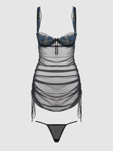 HARPER EMBROIDERED MESH SIDE CINCH CHEMISE & G-STRING SET