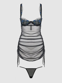 HARPER EMBROIDERED MESH SIDE CINCH CHEMISE & G-STRING SET