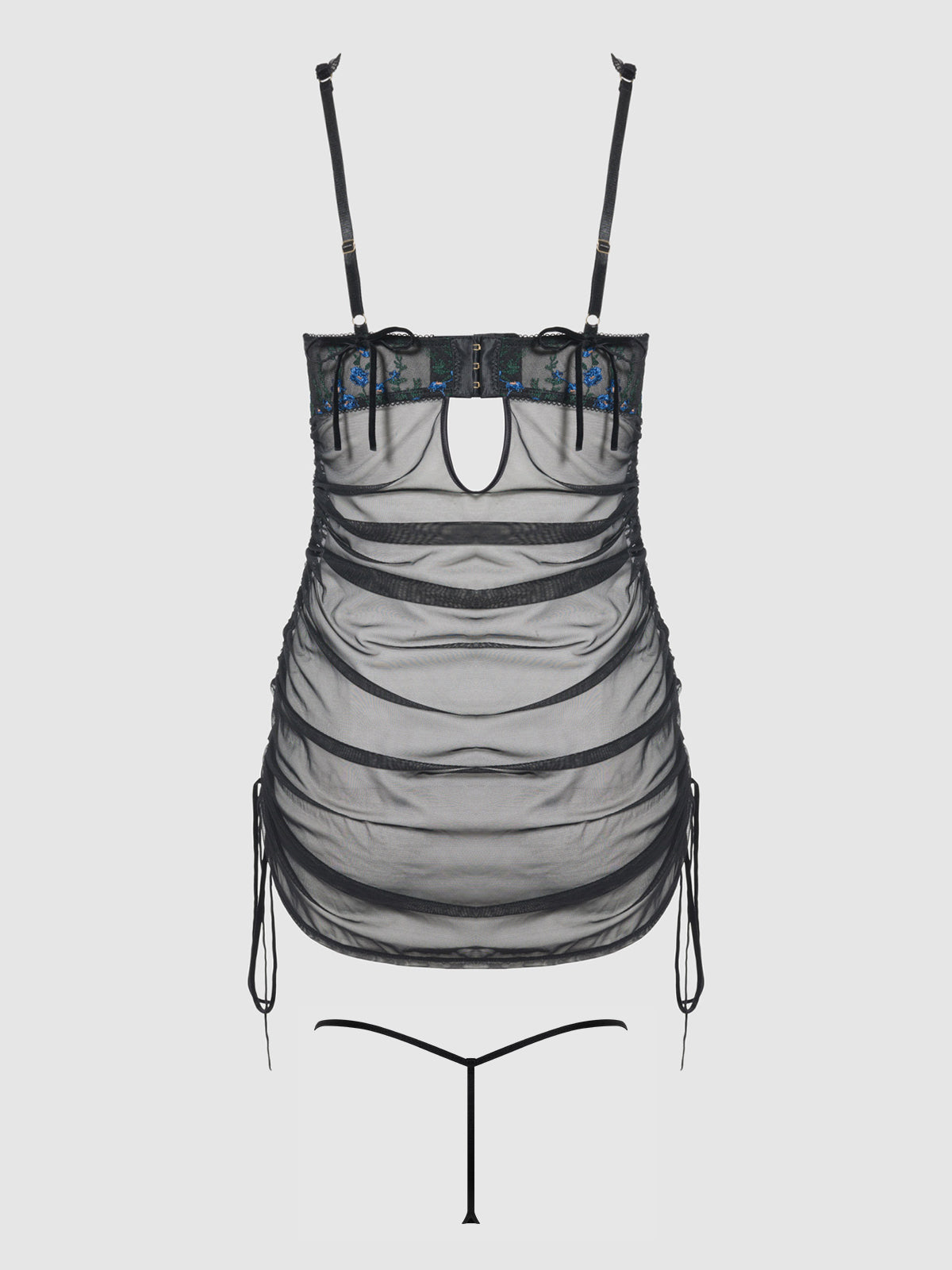 HARPER EMBROIDERED MESH SIDE CINCH CHEMISE & G-STRING SET