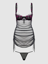 HARPER EMBROIDERED MESH SIDE CINCH CHEMISE & G-STRING SET