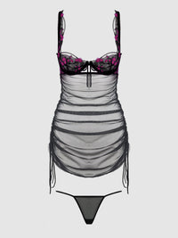 HARPER EMBROIDERED MESH SIDE CINCH CHEMISE & G-STRING SET