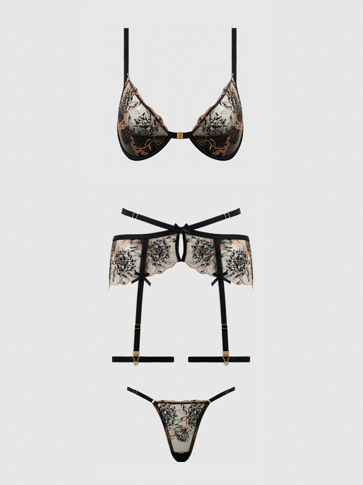 DELILAH EMBROIDERED PUSH UP BRA, GARTER & THONG SET