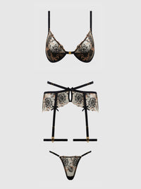 DELILAH EMBROIDERED PUSH UP BRA, GARTER & THONG SET