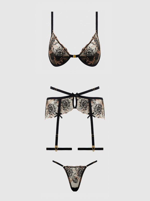 DELILAH EMBROIDERED PUSH UP BRA, GARTER & THONG SET