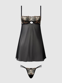 DELILAH EMBROIDERED & MESH MONOWIRE BABYDOLL SET