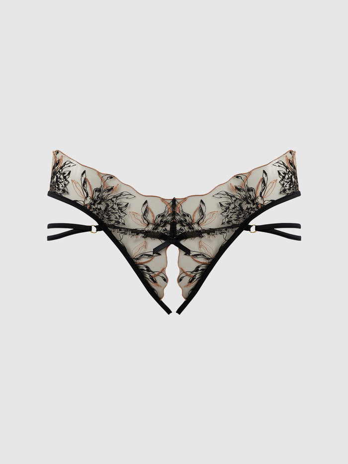 DELILAH EMBROIDERED STRAPPY CROTCHLESS & BACKLESS HIPSTER