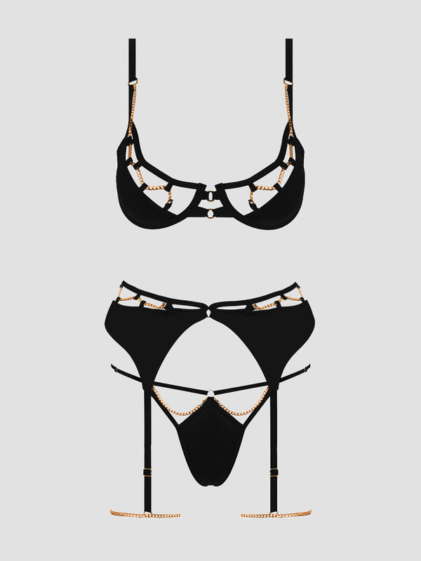 EVANGELINE SATIN & CHAIN BRA, THIGH GARTER & G-STRING SET