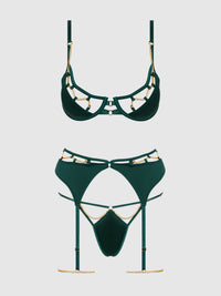 EVANGELINE SATIN & CHAIN BRA, THIGH GARTER & G-STRING SET